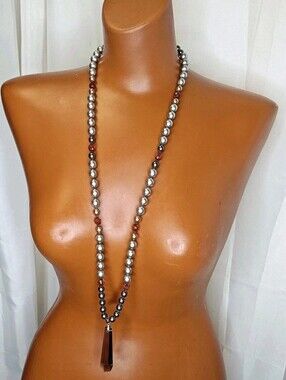 Chico's Long Statement Necklace Beaded Smoky Prism Tassel Pendant 20"